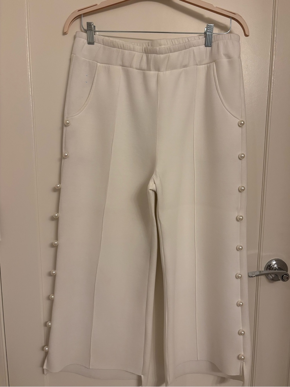 Oh Cream Wide-Leg Pants with Side Pearl Buttons